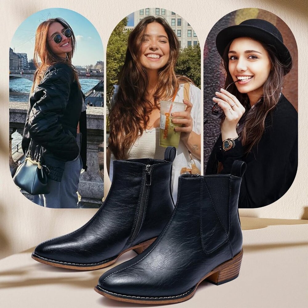 Women's Black Ankle Boots Mid-height Heels Chelsea Zipper Dressy Booties - Picture 6 of 7